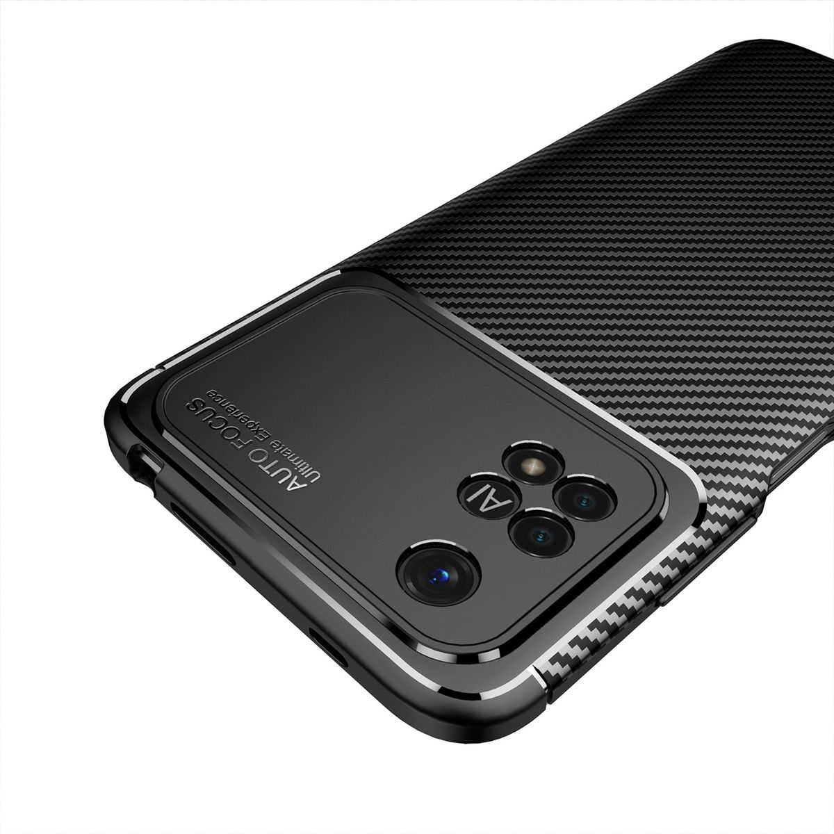 Schwarze Handyhülle mit einem Carbonfaser-Design. Die Handyhülle hat eine Kamera und die Worte Auto Focus.
