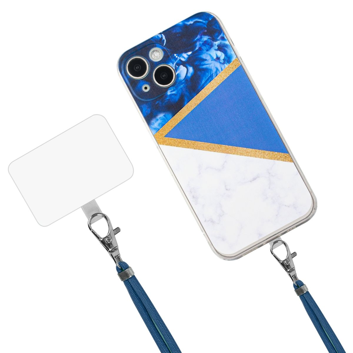 Handyhülle mit blauem und weißem Marmordesign, an einem Schlüsselband befestigt.