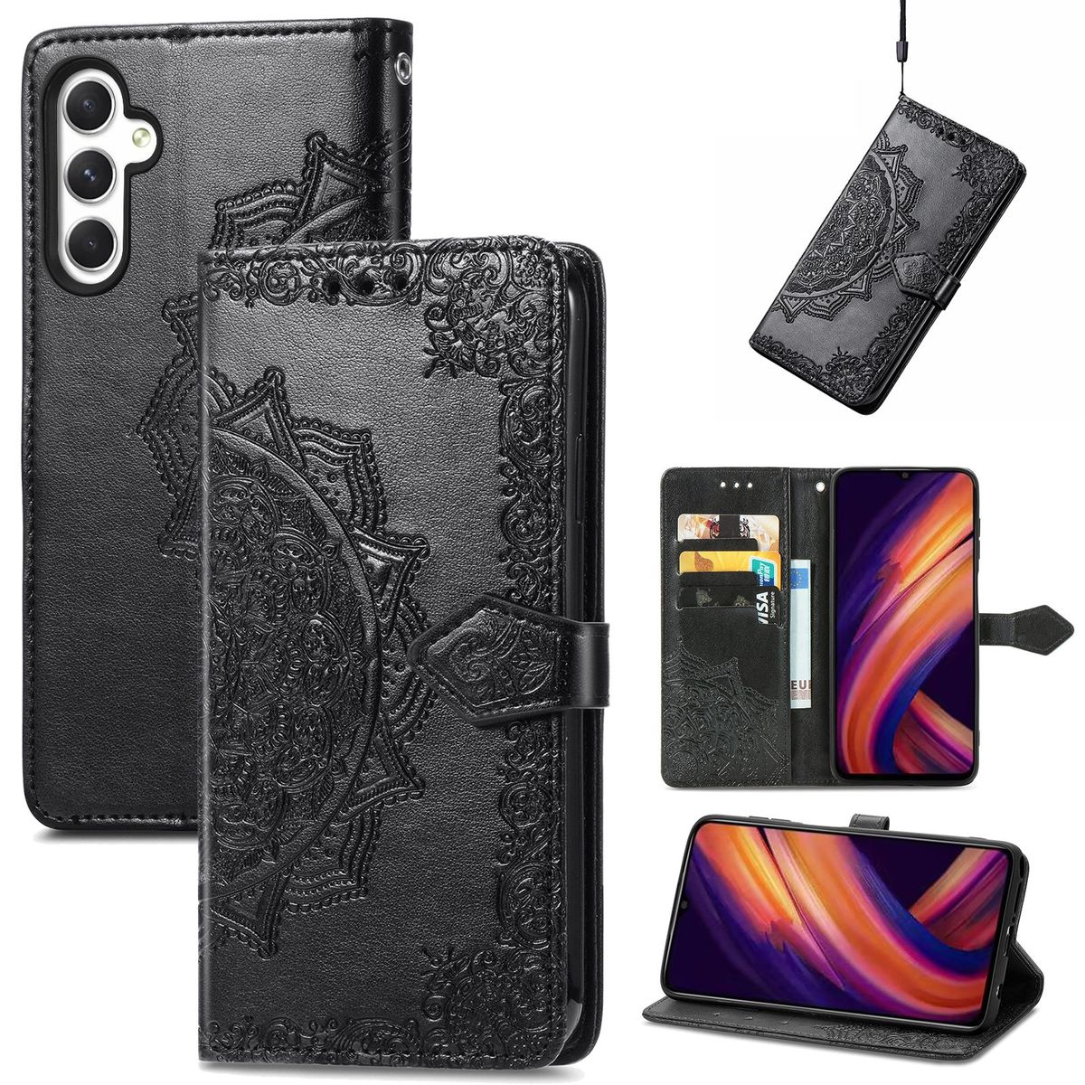 Schwarze Handyhülle mit Mandala-Design. Mehrere Ansichten der Handyhülle mit Telefon im Inneren.