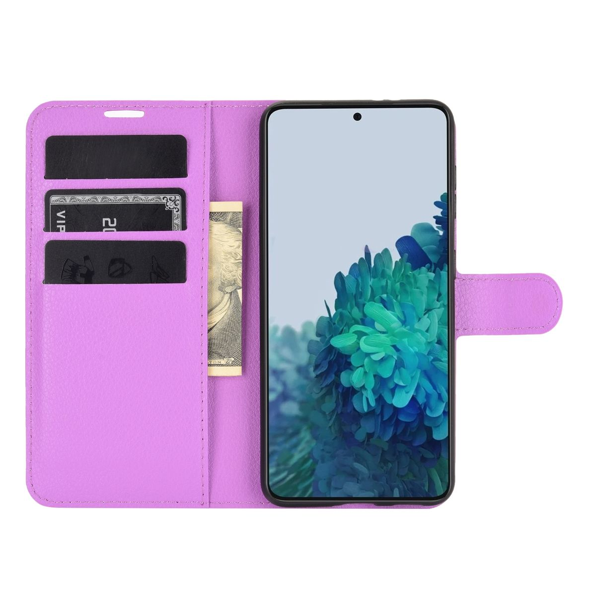 Lila Handyhülle mit Telefon, Karten und Bargeld. Der Bildschirm des Telefons zeigt ein tealfarbenes Blumenbild.