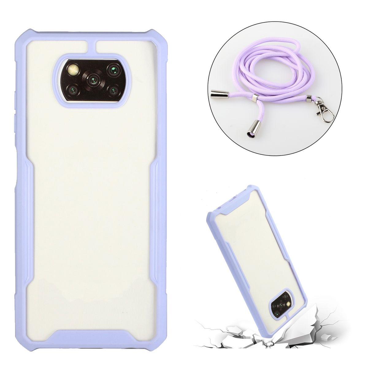 Handyhülle und ein Schlüsselband. Die Hülle ist weiß mit hellblauem Rand. Telefon ist nicht drin.