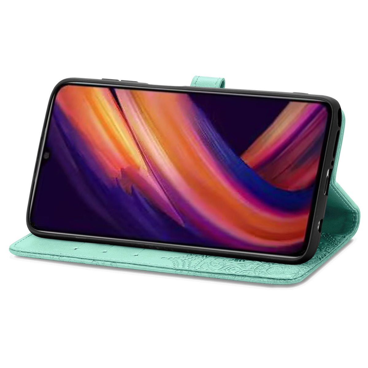 Handyhülle offen, mintgrün. Das Telefon zeigt eine farbenfrohe Grafik an. Die Hülle ist Leder.