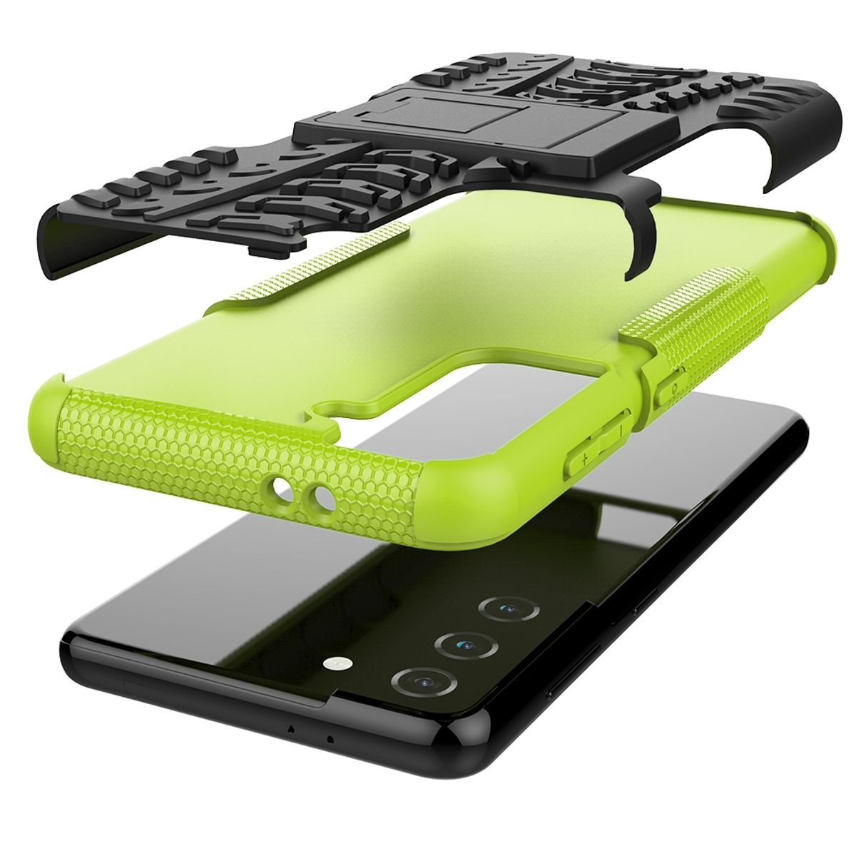 Grüne Handyhülle mit drei Schichten. Telefon unten.