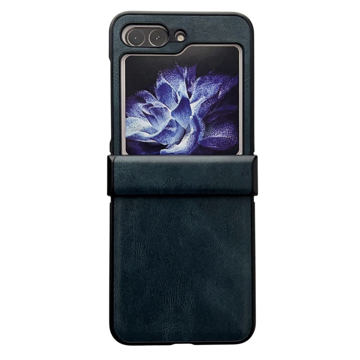 Blaue Handyhülle mit Flip Cover, zeigt ein Blumenbild.