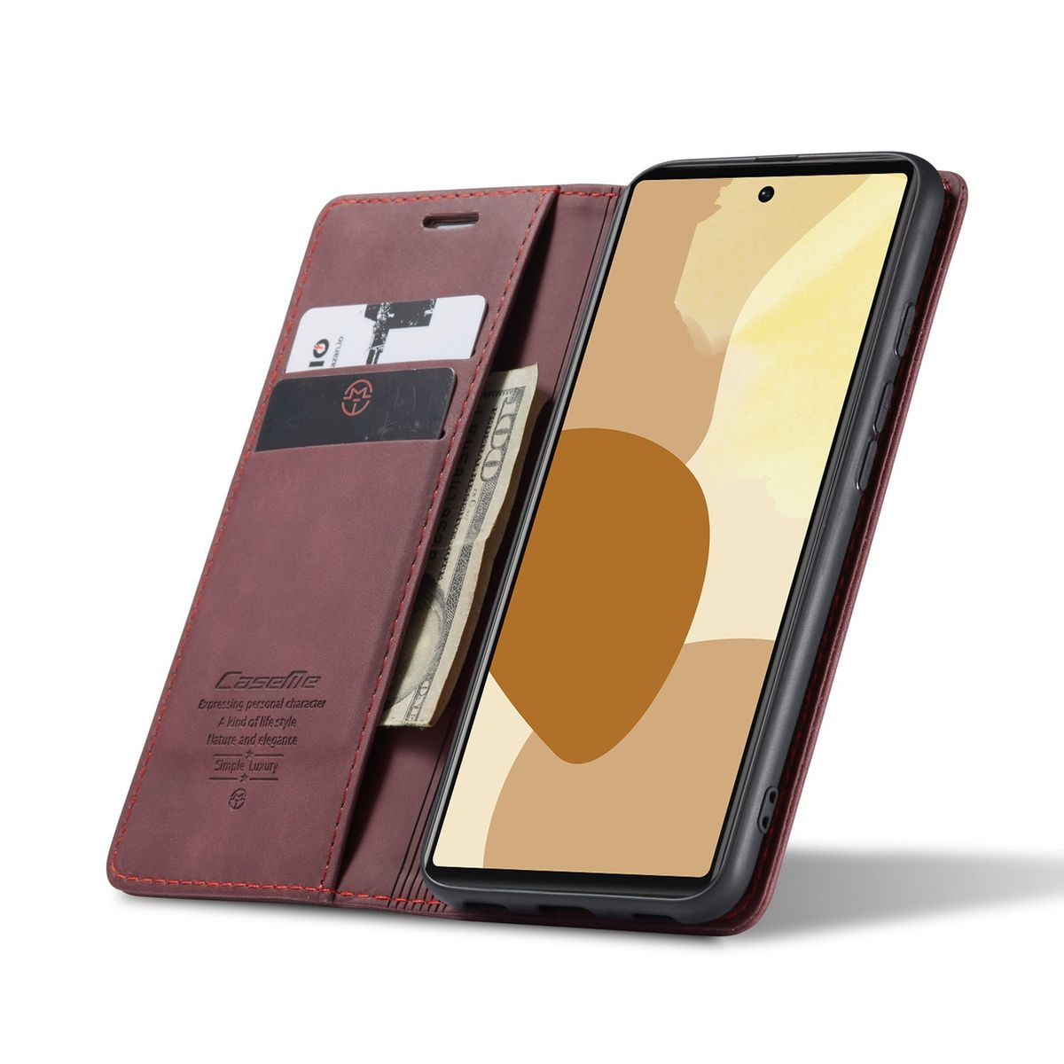Eine bordeauxrote Leder-Handyhülle, geöffnet, mit Karten und einer Rechnung. Ein Telefon befindet sich im Halter.