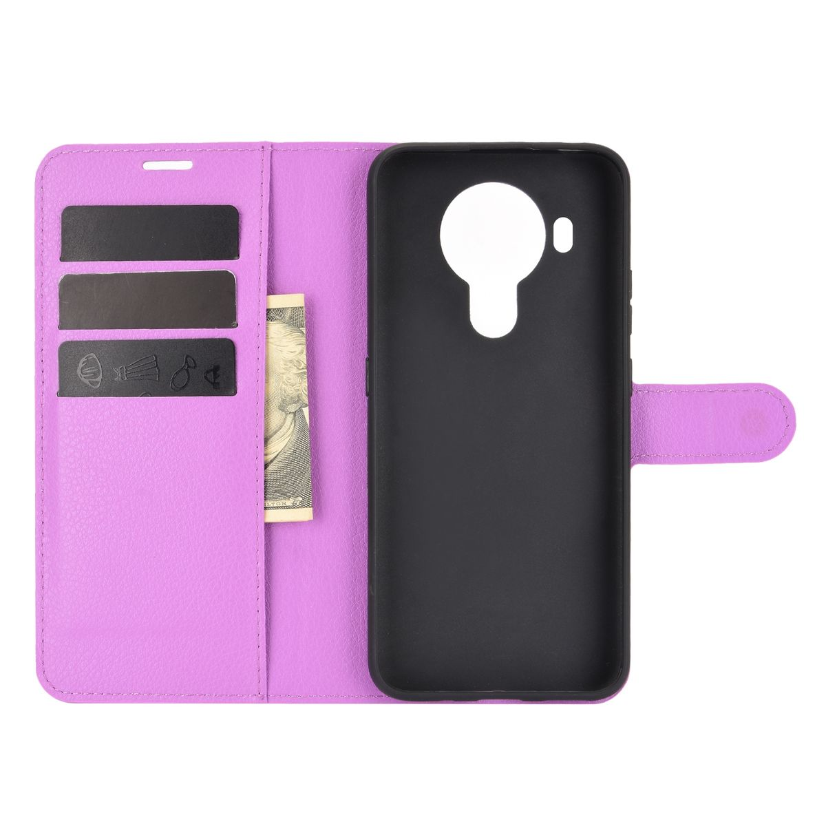 Violette Handyhülle mit Telefon. Geöffnet, zeigt Karten und Telefon mit Hülle.
