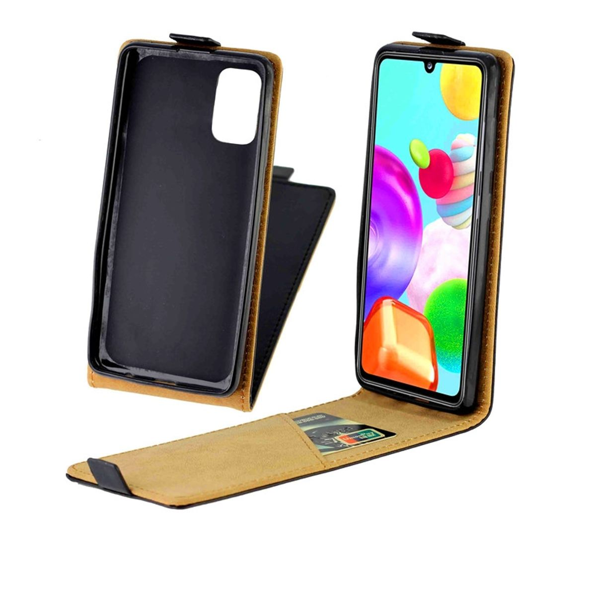 Eine Handyhülle mit einem Telefon darin. Die Hülle ist offen und zeigt ein Telefon mit farbenfrohem Bildschirm.