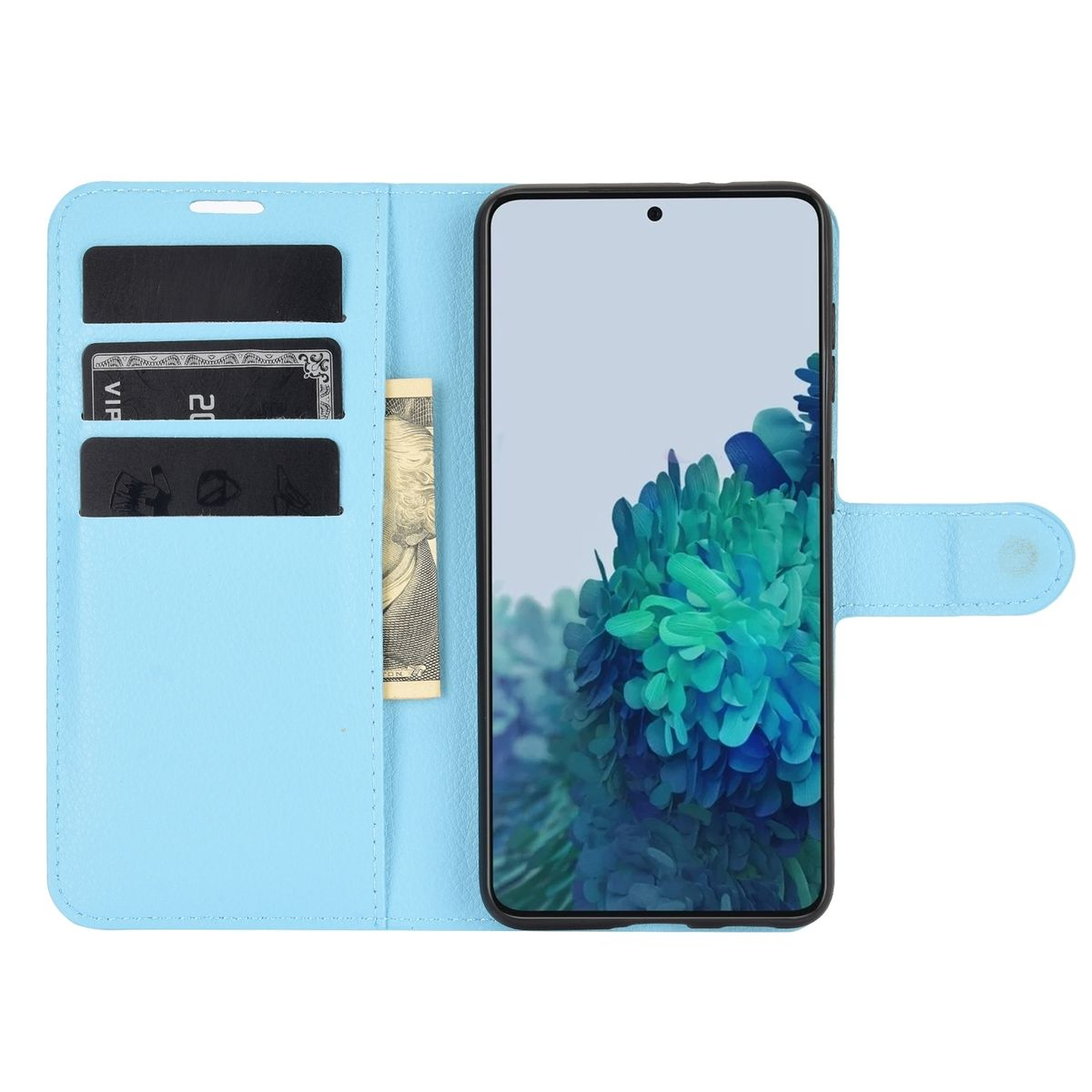 Hellblaue Handyhülle mit Telefon. Geöffnet, zeigt Karten und Telefon.