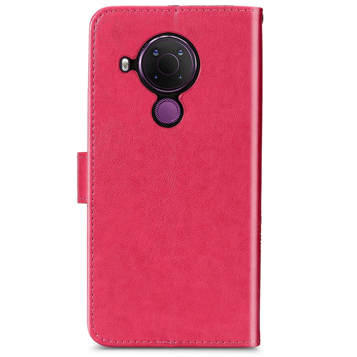 Rote Handyhülle, geschlossen, mit Telefon. Die Hülle ist rot.
