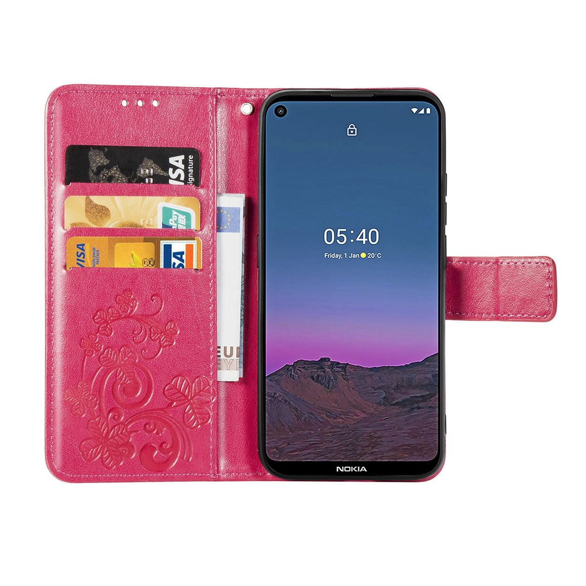 Geöffnete pinke Handyhülle mit Karten, Geld und einem Telefonbildschirm mit Zeit und Datum.