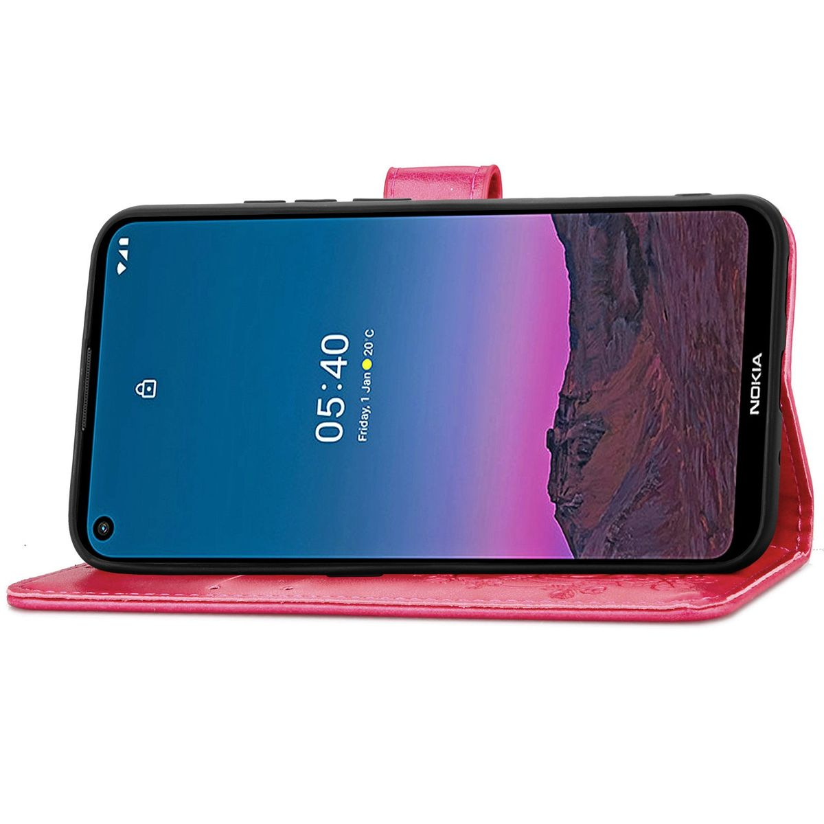 Rosa Handyhülle offen, mit Telefon, das Zeit und Datum anzeigt.