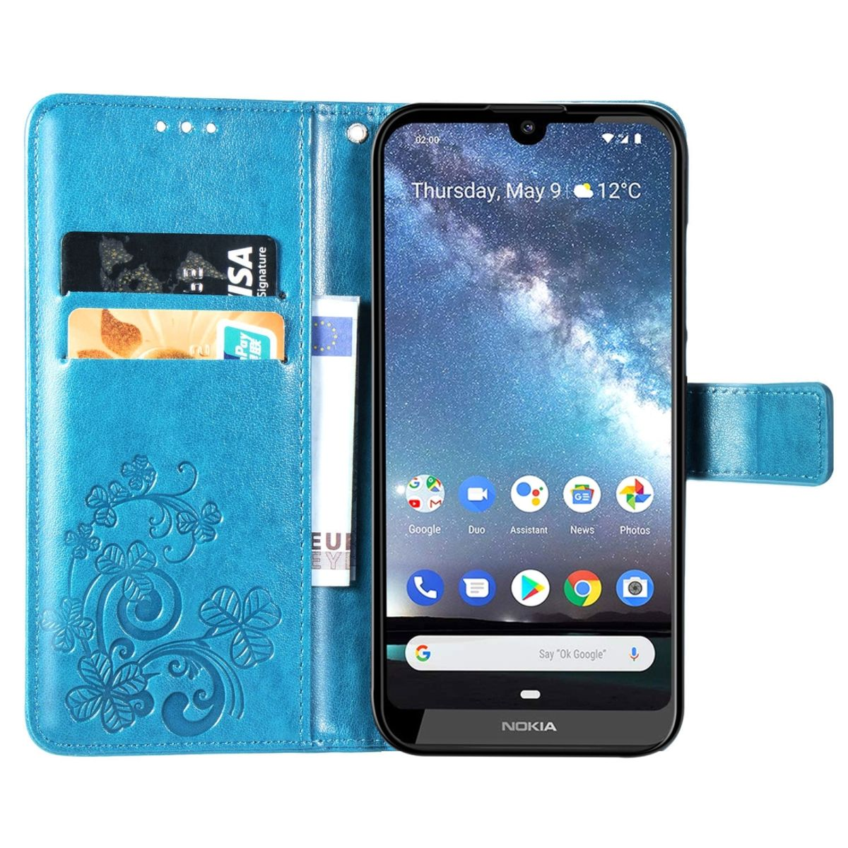 Blaue Handyhülle, offen. Telefon ist innen mit Symbolen auf dem Bildschirm. Karten im Etui.