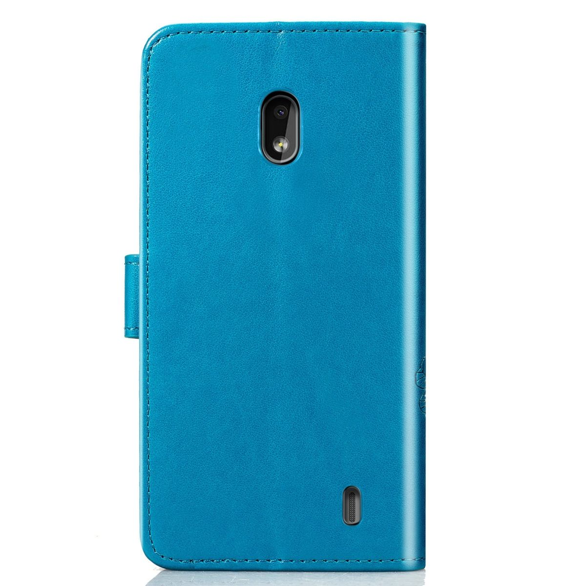 Blaue Handyhülle, geschlossen, mit Magnetverschluss. Vorderansicht, zeigt die Kamera.