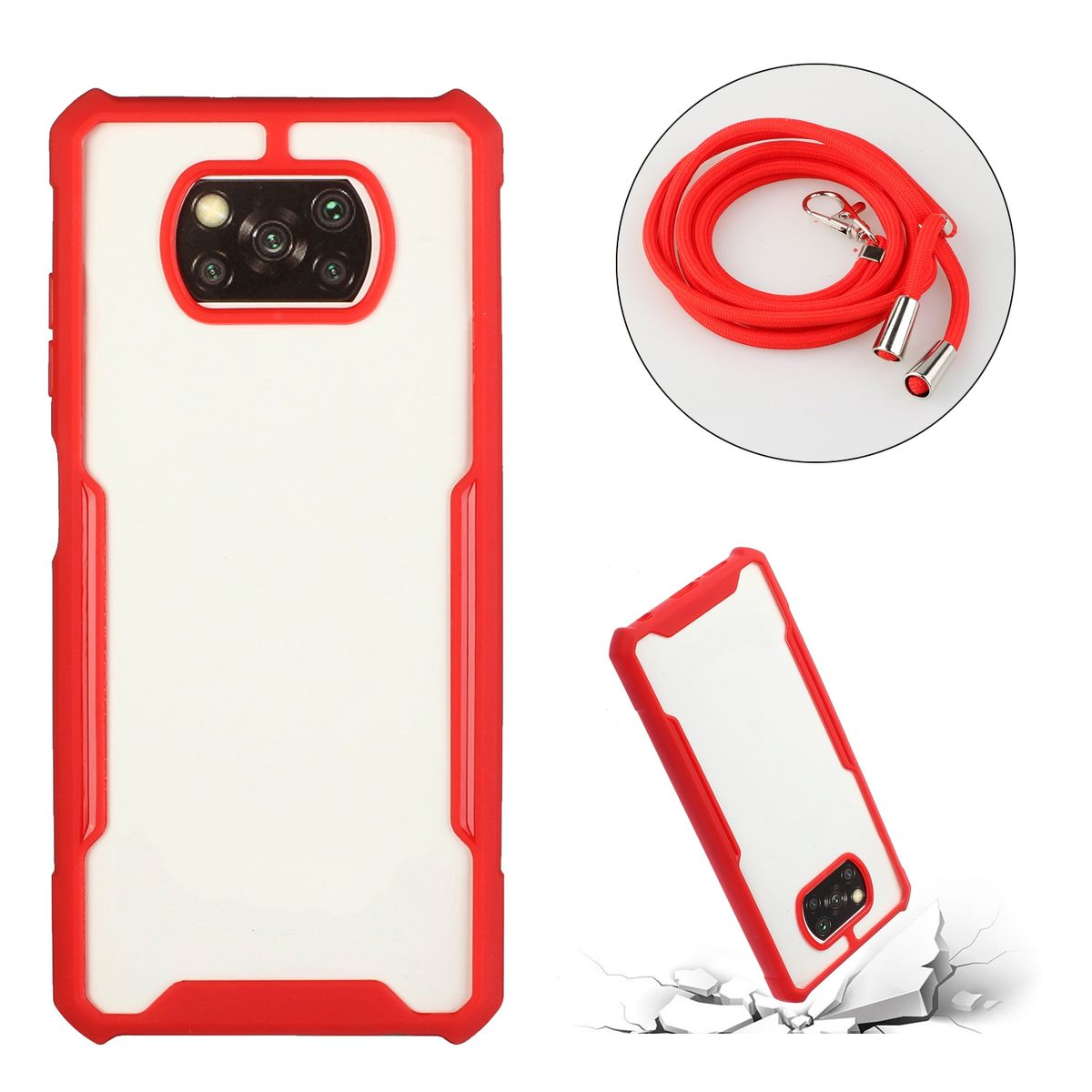 Rote Handyhülle mit einem Telefon im Inneren. Verfügt über ein rotes Lanyard. Die Hülle ist rot mit einem weißen Mittelteil.