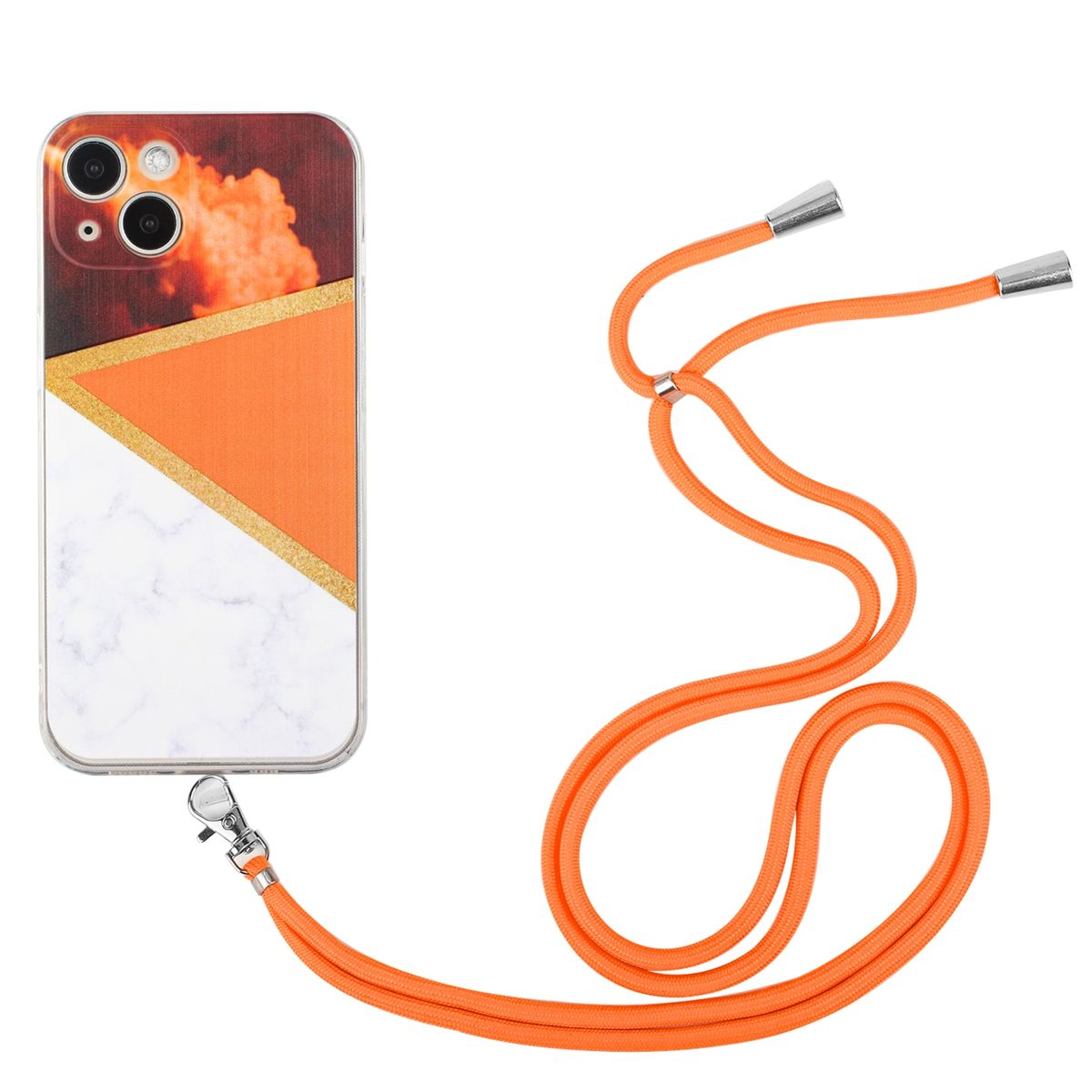 Handyhülle mit orangefarbenem Riemen, Telefon zeigt ein Marmormuster.