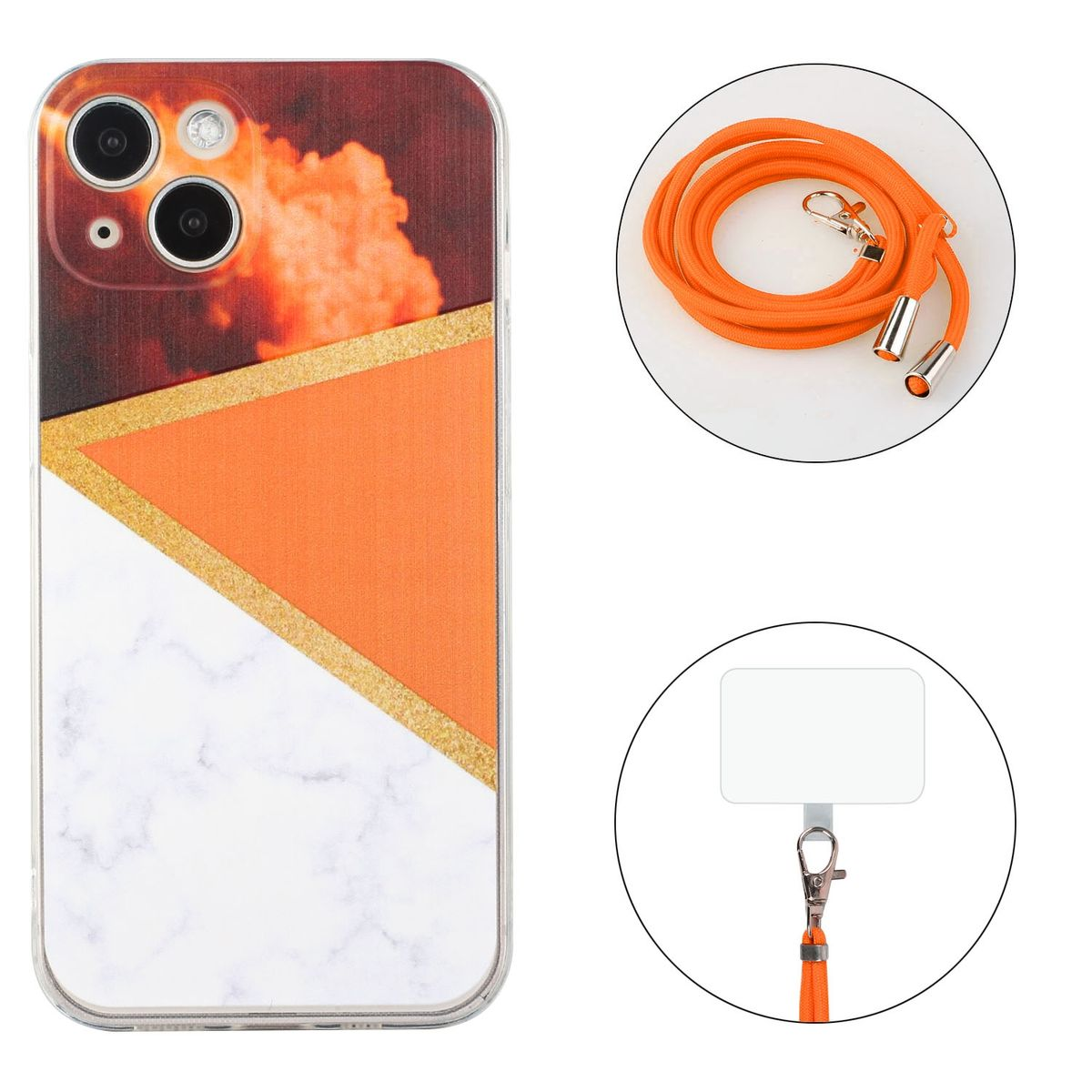 Handyhülle mit farbenfrohem Design auf der Rückseite. Das Telefon befindet sich in der Hülle. Oranges Schlüsselband und Zubehör.