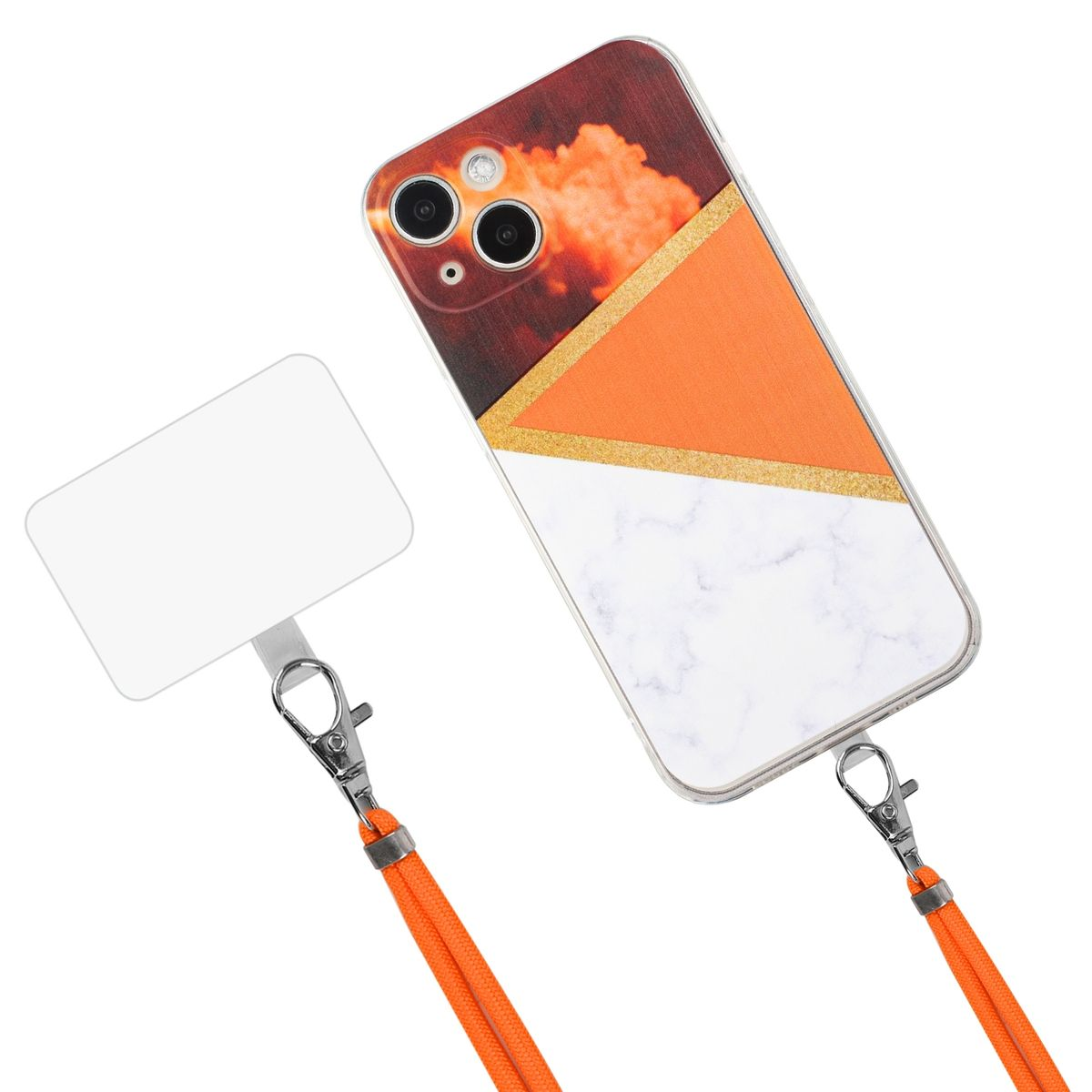 Handyhülle mit Riemen und Telefon. Orange, weißes und goldenes Design. Weißer Hintergrund.