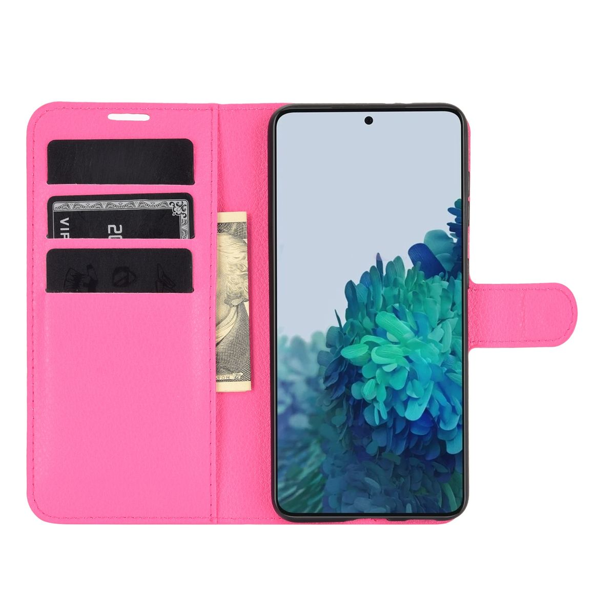 Geöffnete pinke Handyhülle mit Telefon, Karten und Geld. Der Hintergrund ist pink.