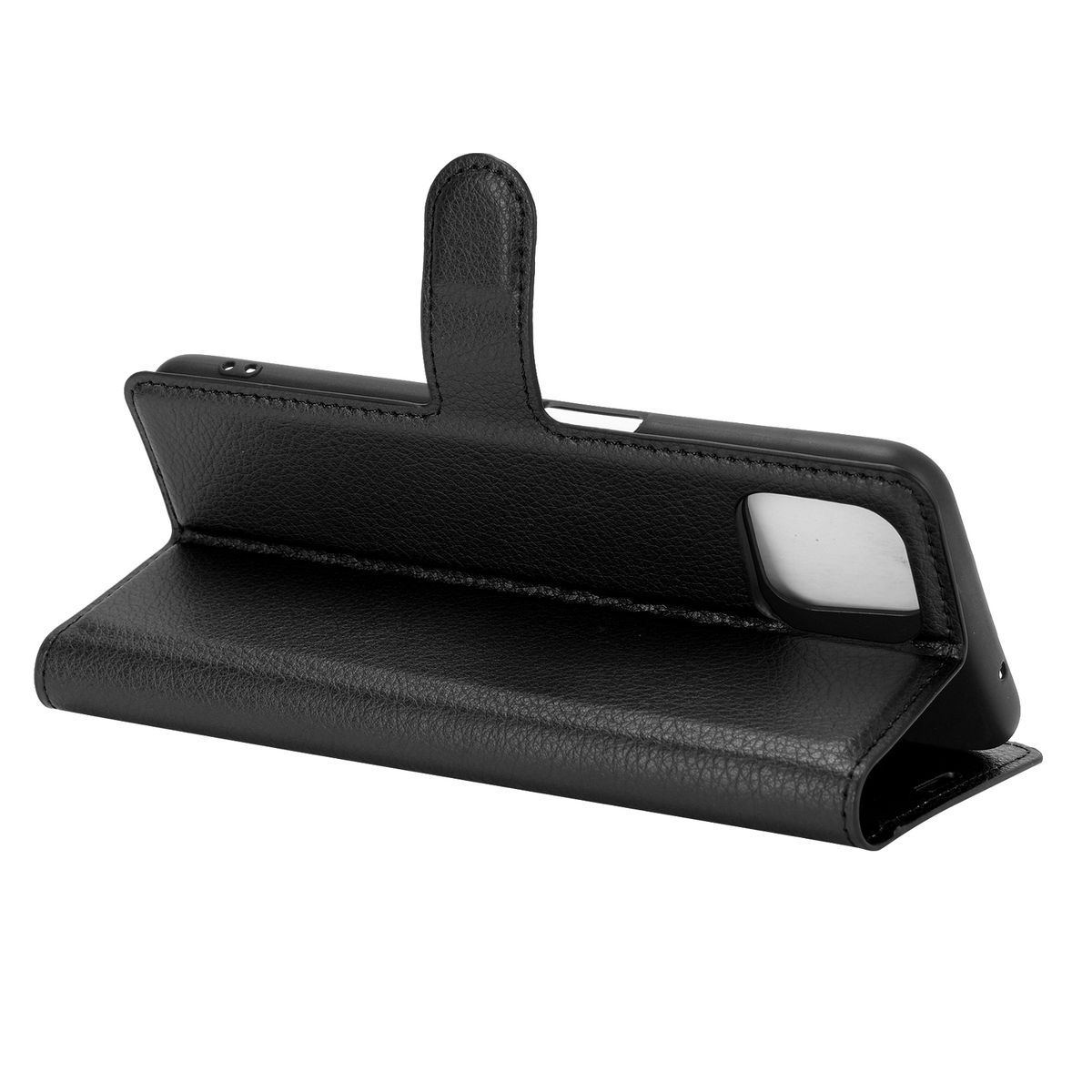 Schwarze Handyhülle, offen, mit einem Telefon darin. Seitenansicht.