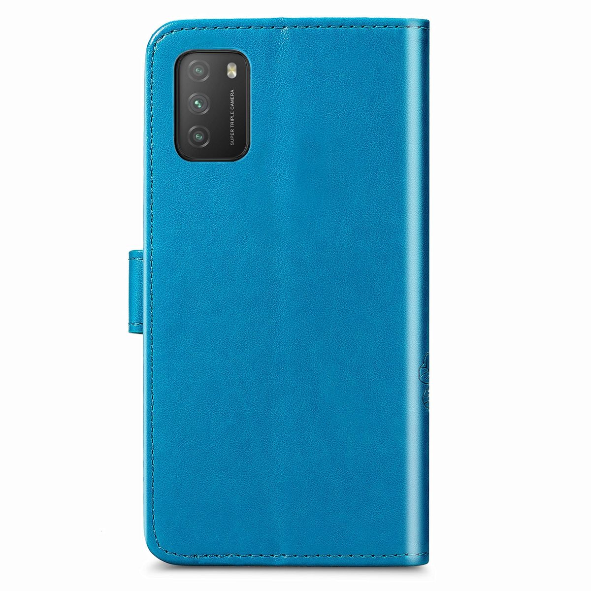 Blaue Handyhülle mit Telefon. Die blaue Handyhülle ist geschlossen mit einem Telefon darin.
