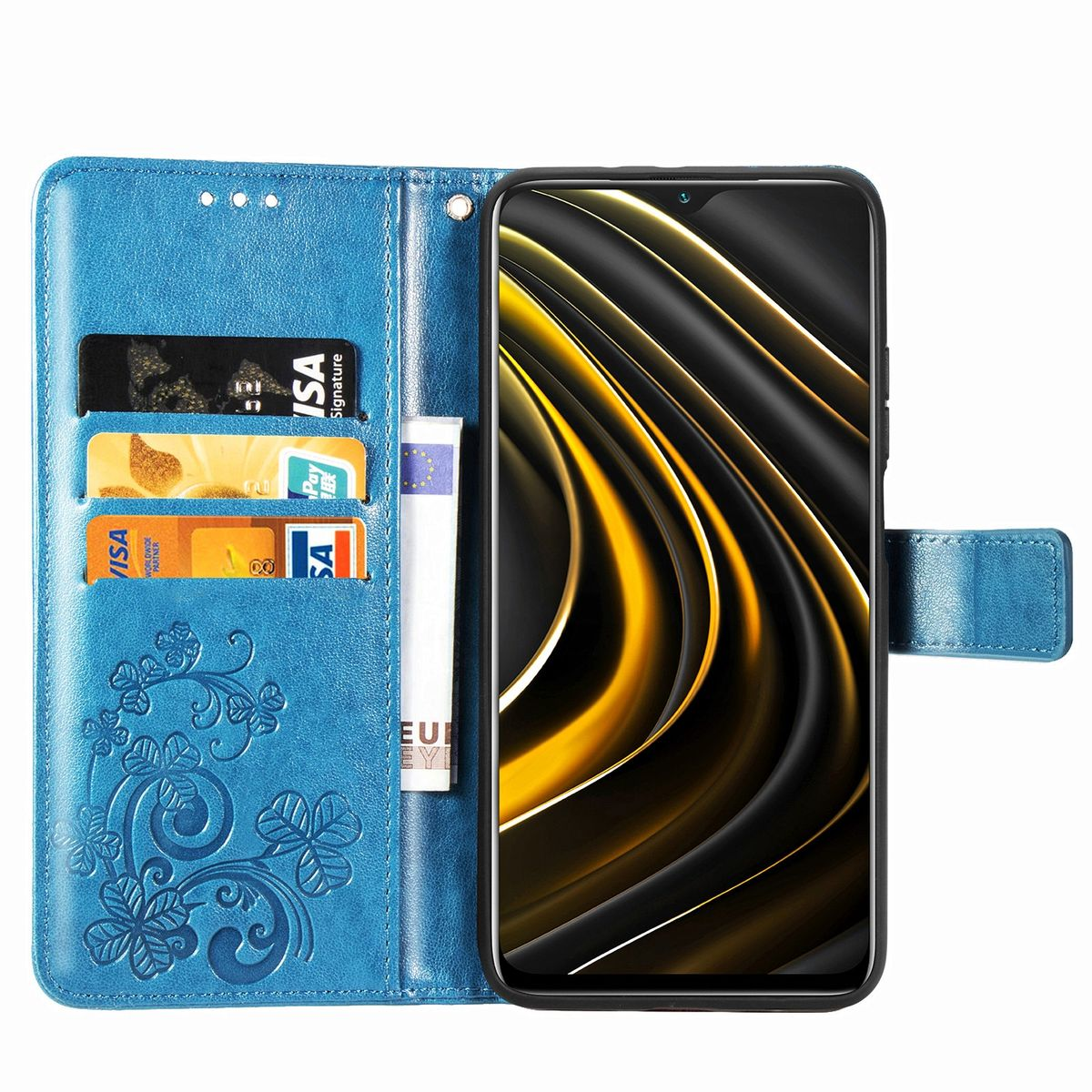 Offene blaue Handyhülle mit Kartenfächern und einem Telefon. Der Telefonbildschirm hat ein gelbes und schwarzes Bild.