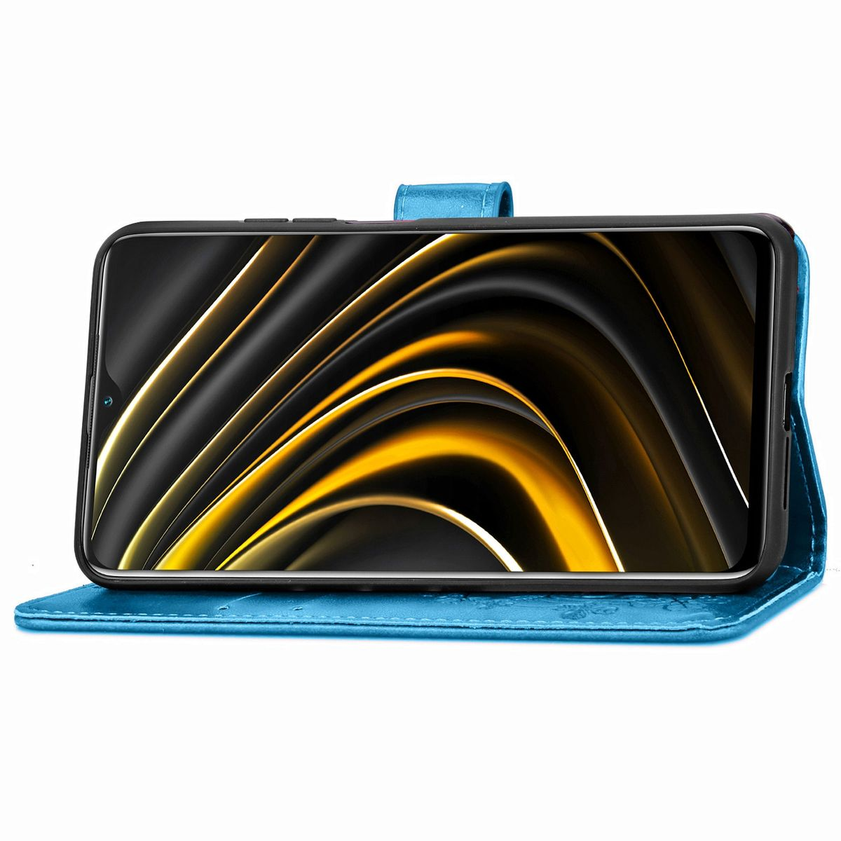 Blaue Handyhülle offen, zeigt Telefonbildschirm mit gelb-schwarzem Design. Weißer Hintergrund.