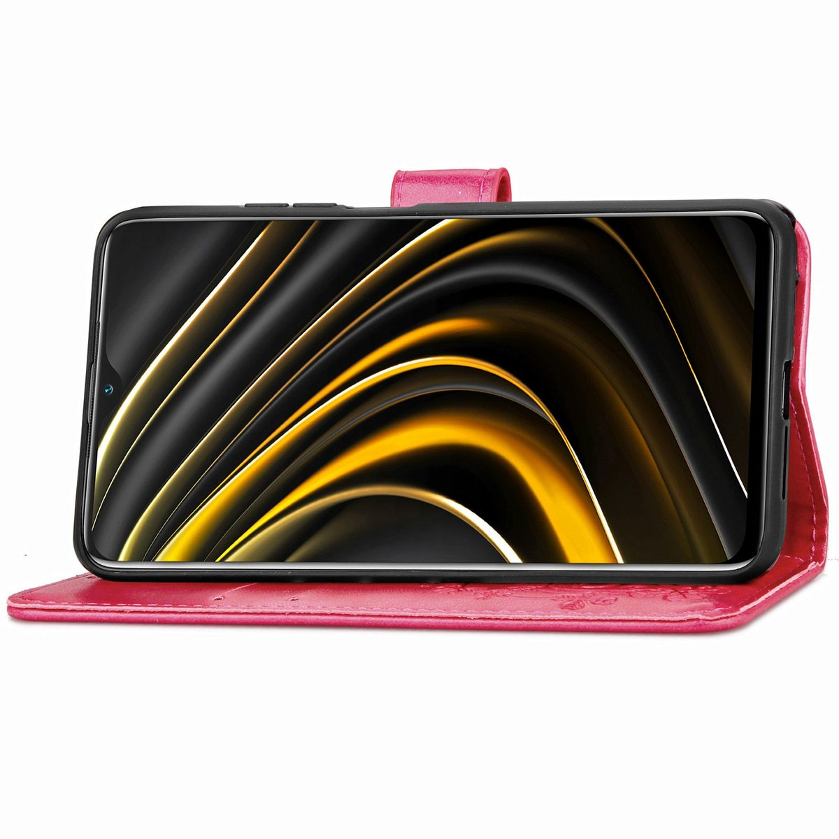 Eine rote Handyhülle, geöffnet, mit einem Telefon darin. Die Hülle hat ein Design und liegt auf einer Oberfläche.