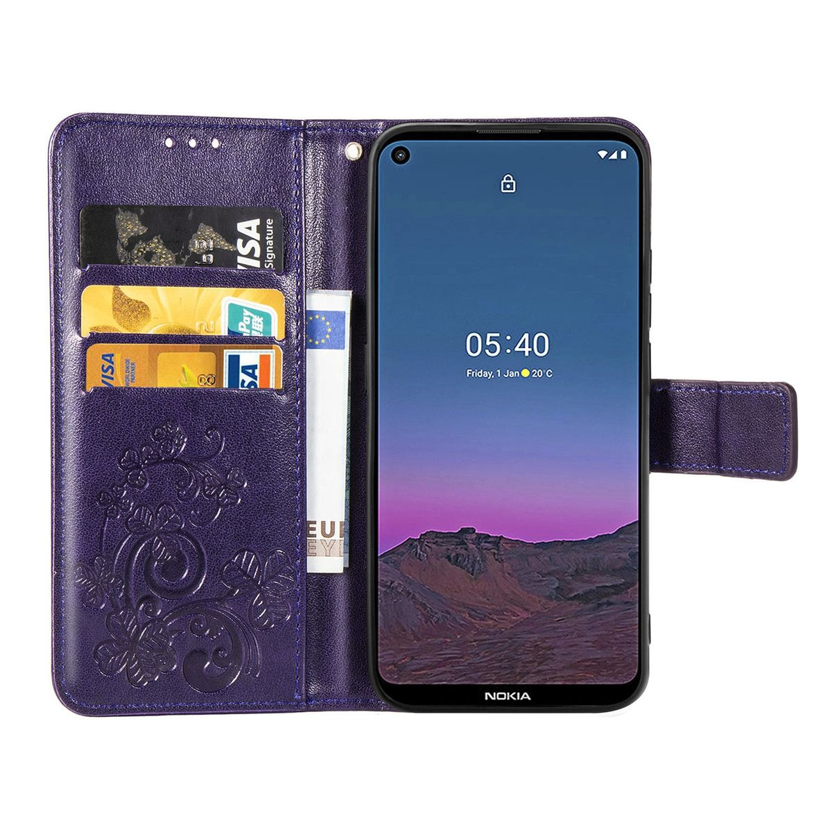 Lila Handyhülle geöffnet, mit Kreditkarten, Geld und einem Telefon. Die Hülle hat florale Details. Die Hülle liegt auf einer weißen Oberfläche.