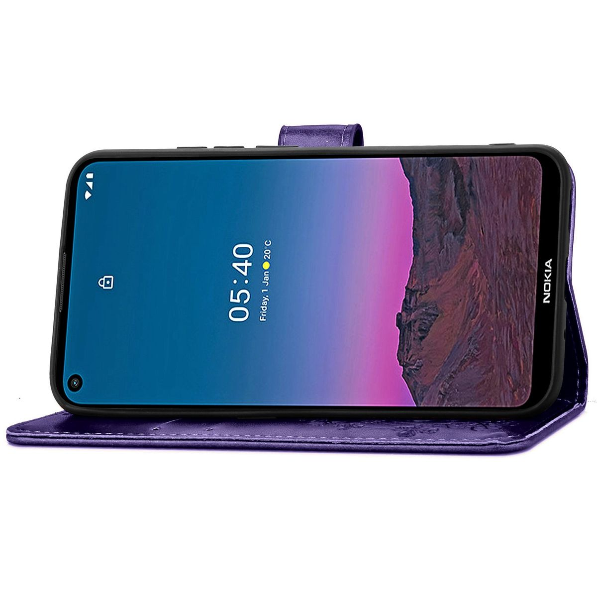 Eine lila Handyhülle ist geöffnet und zeigt einen Telefonbildschirm mit der Uhrzeit. Die Hülle hat ein Blumenmuster.