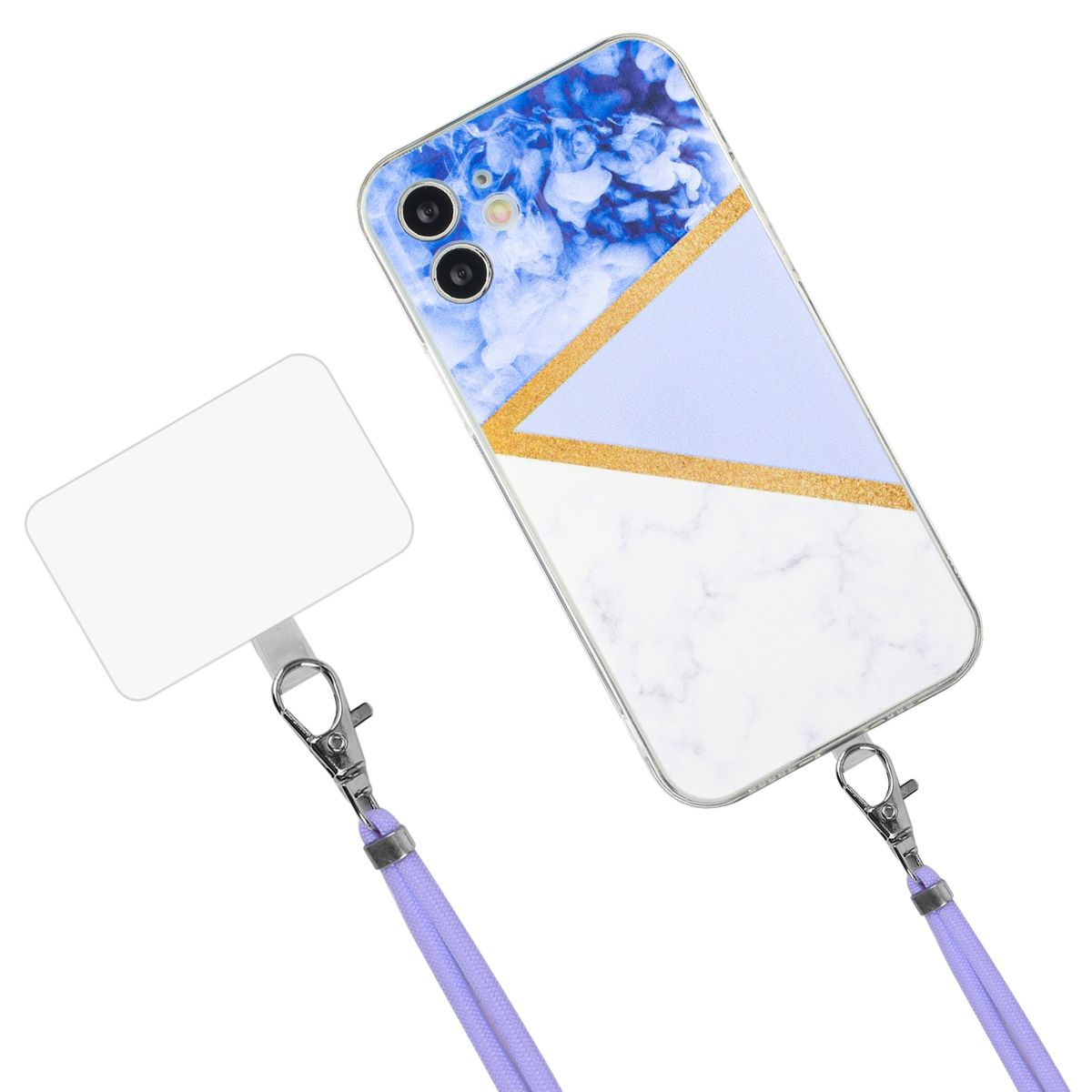 Handyhülle mit blauem, goldenem und weißem Design. Befestigt sind ein Schlüsselband und ein Kartenhalter.