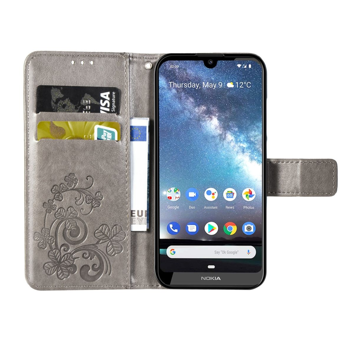 Graue Handyhülle mit Telefon im Inneren, offen. Karten und Geld auf der linken Seite.