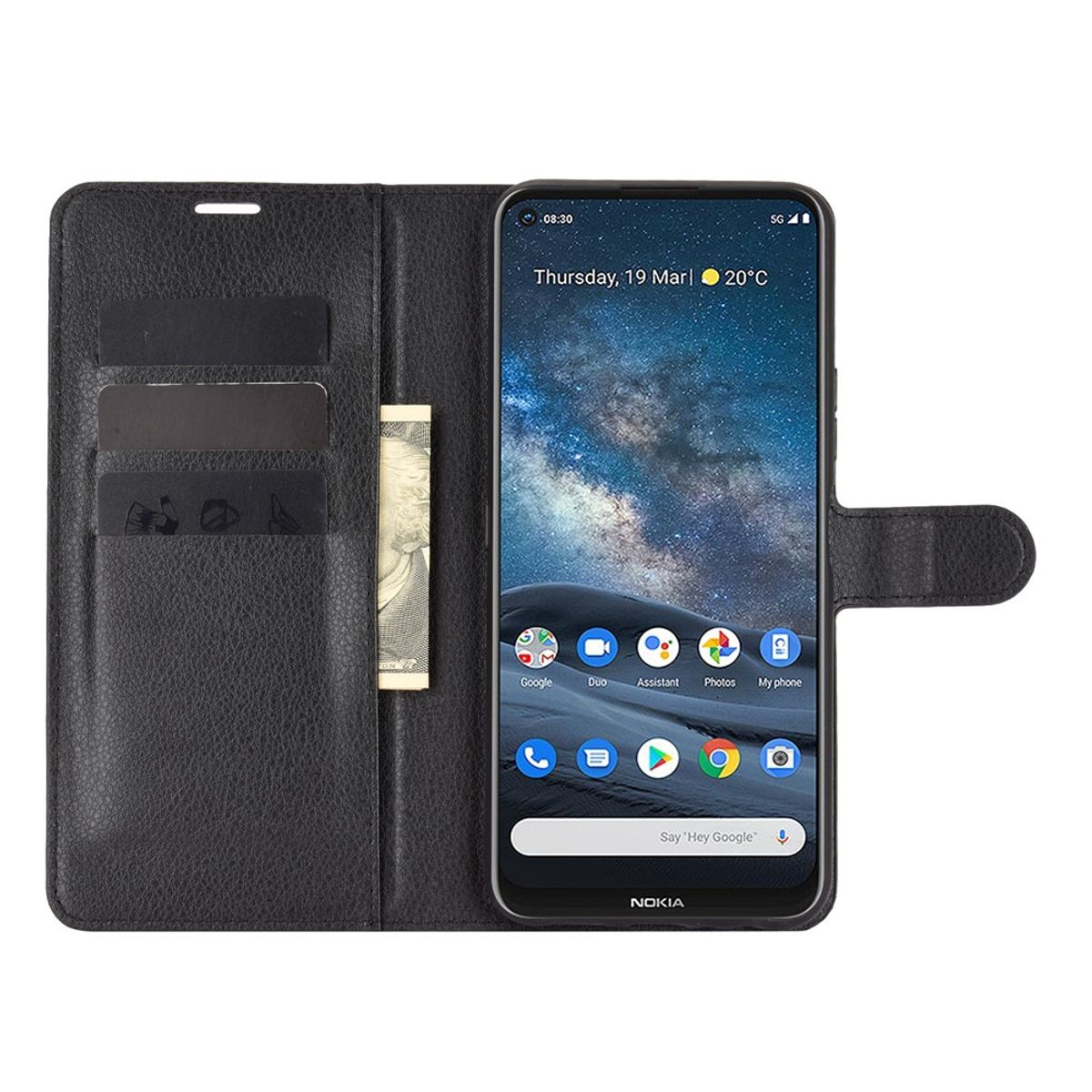 Schwarze Handyhülle, offen, mit einem Telefon darin und Karten und einer Rechnung in den Fächern. Zeigt den Telefonbildschirm.