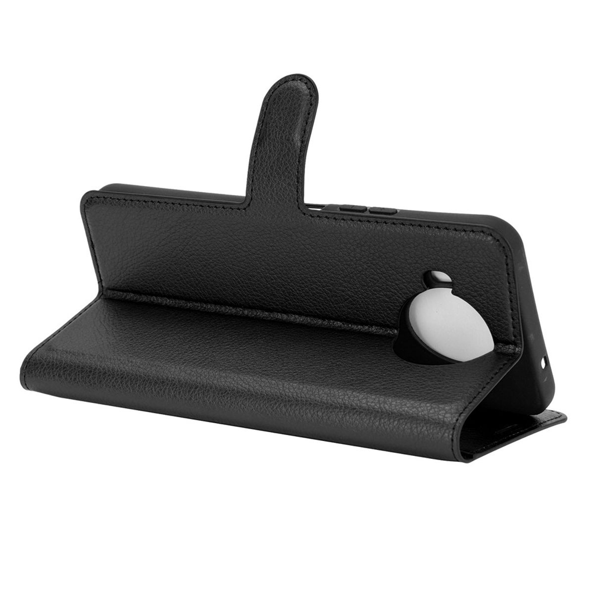 Schwarze Handyhülle offen, mit einem Ausschnitt für die Kamera.
