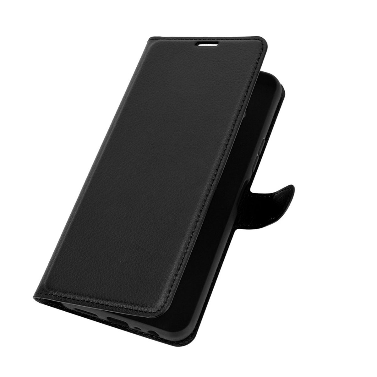 Schwarze Handyhülle, offen, Innenseite zeigend. Ledertextur, mit Telefon im Inneren.