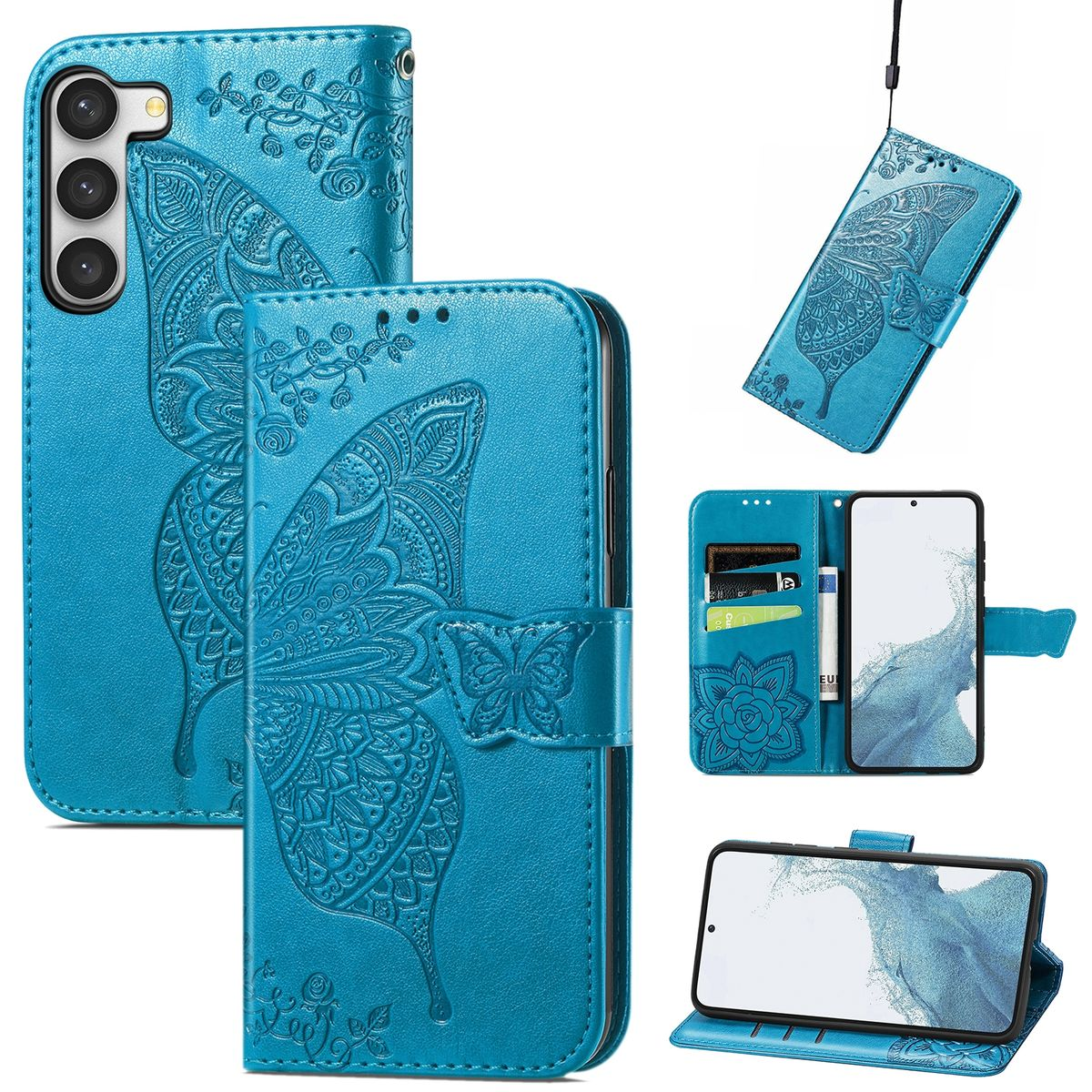 Blaue Leder-Handyhülle mit Schmetterlingsdesign, mehrere Ansichten der Hülle und des Telefons mit Karten.