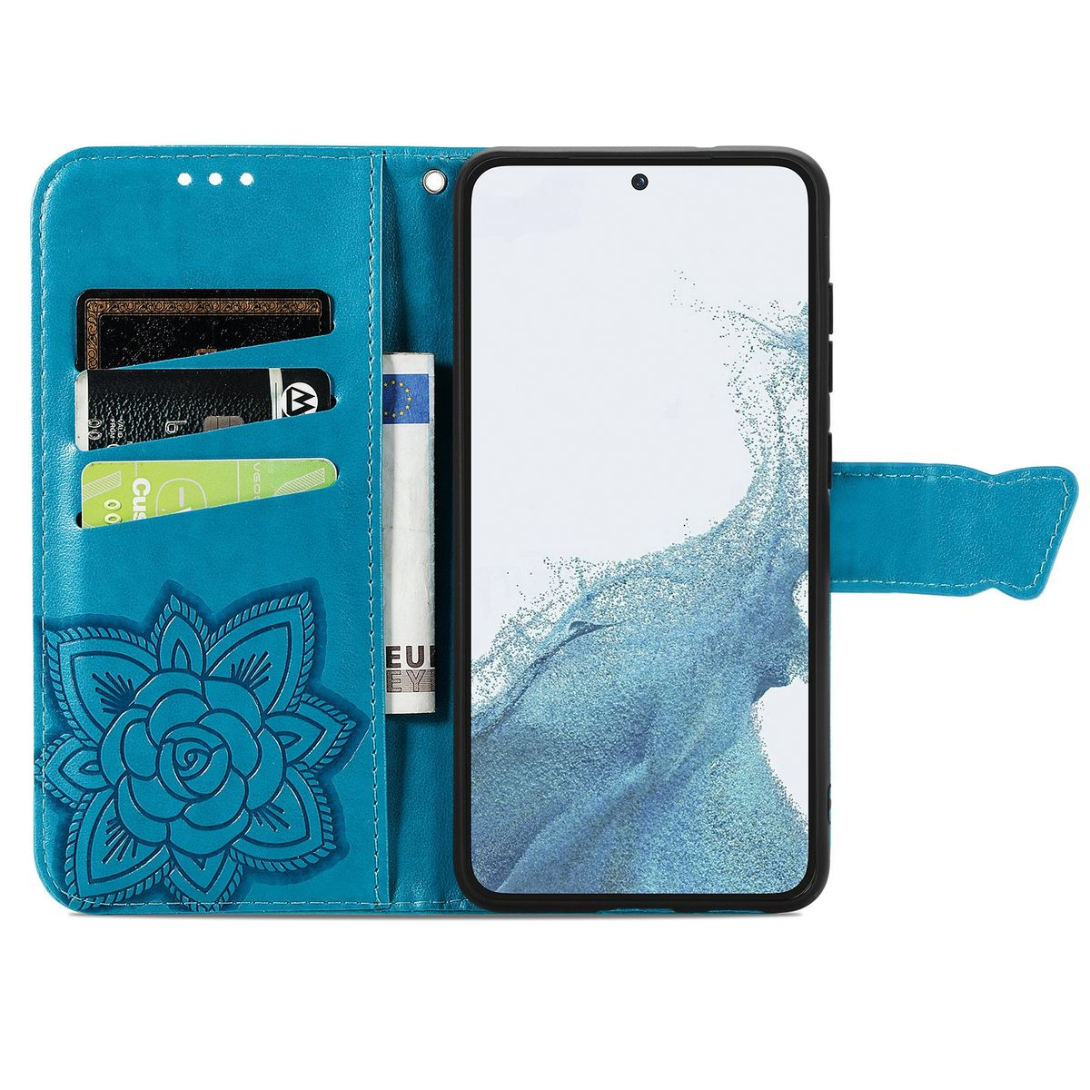 Blaue Handyhülle mit Telefon. Sie hat Kartenfächer und ein Blumendesign.