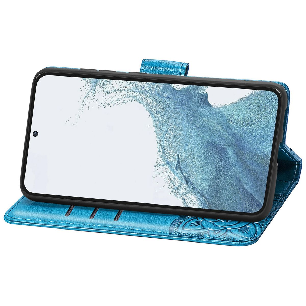 Blaue Handyhülle, offen, hält ein Smartphone mit einem abstrakten Bild.