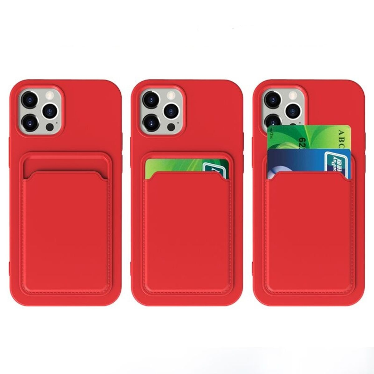 Drei rote iPhone-Hüllen mit Kartenfächern. Eine hat keine Karte, eine hat eine Karte, eine hat zwei Karten.