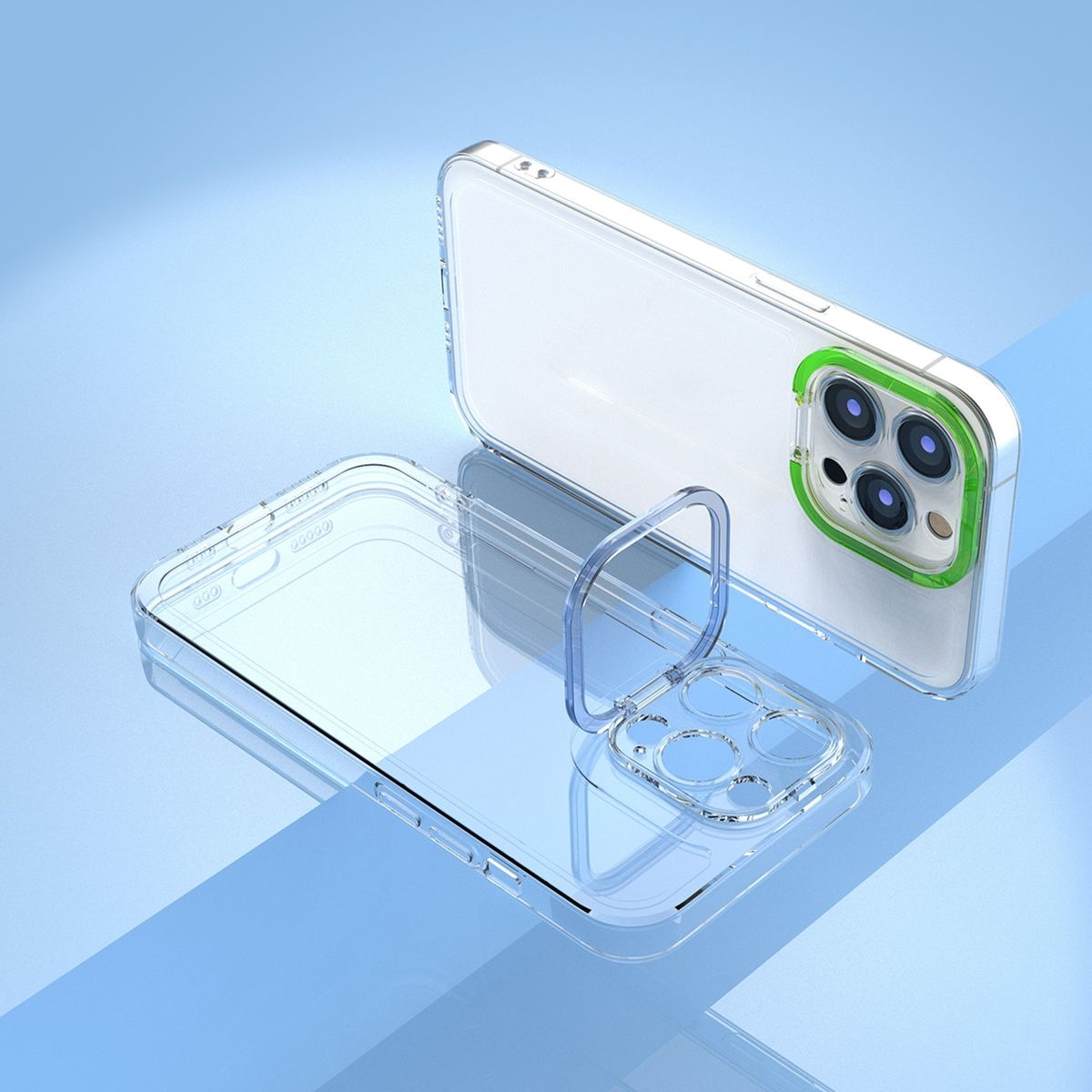Eine transparente Handyhülle mit Ständer, die ein Telefon zeigt.