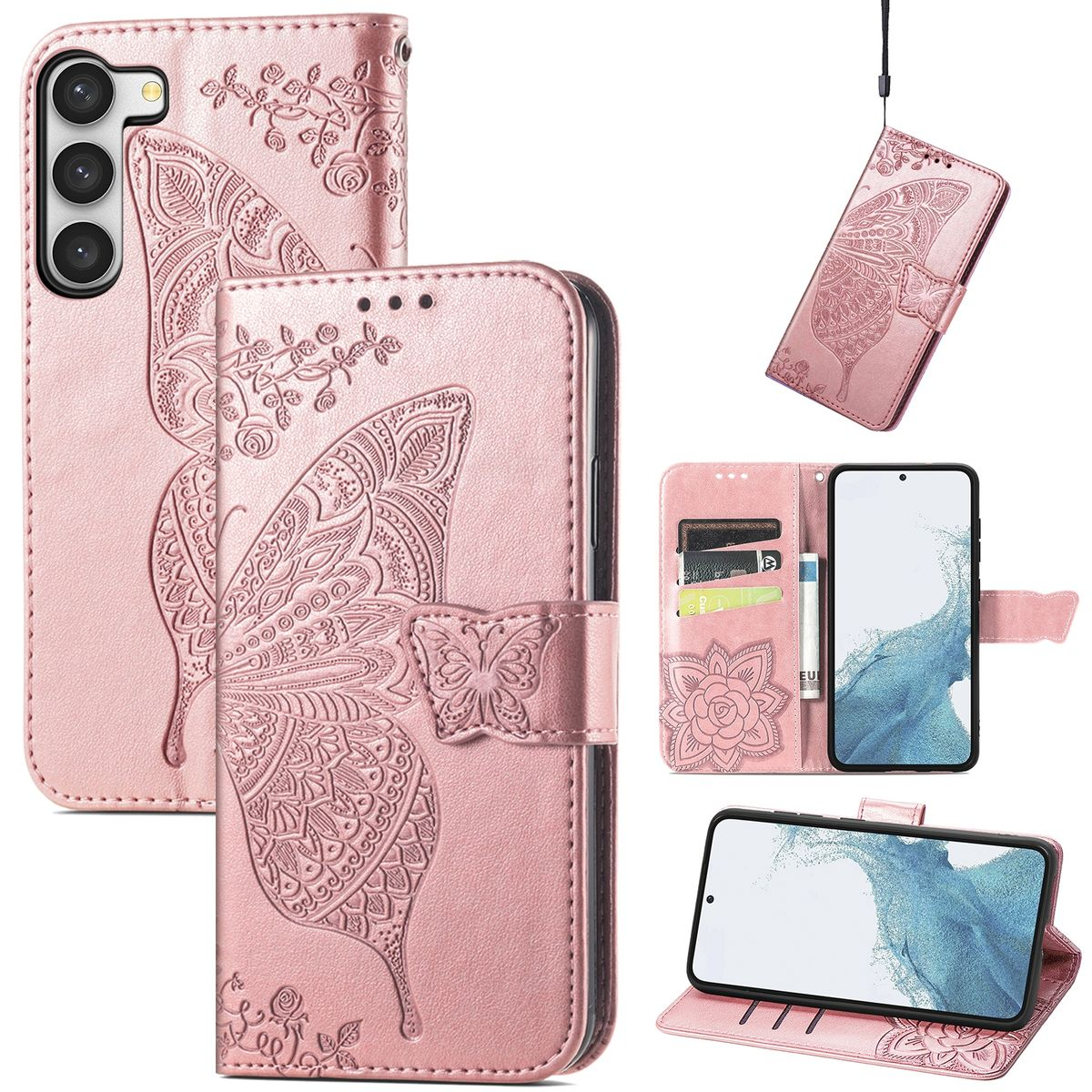 Pinke Handyhülle mit Schmetterlingsdesign. Mehrere Ansichten, offen und geschlossen.