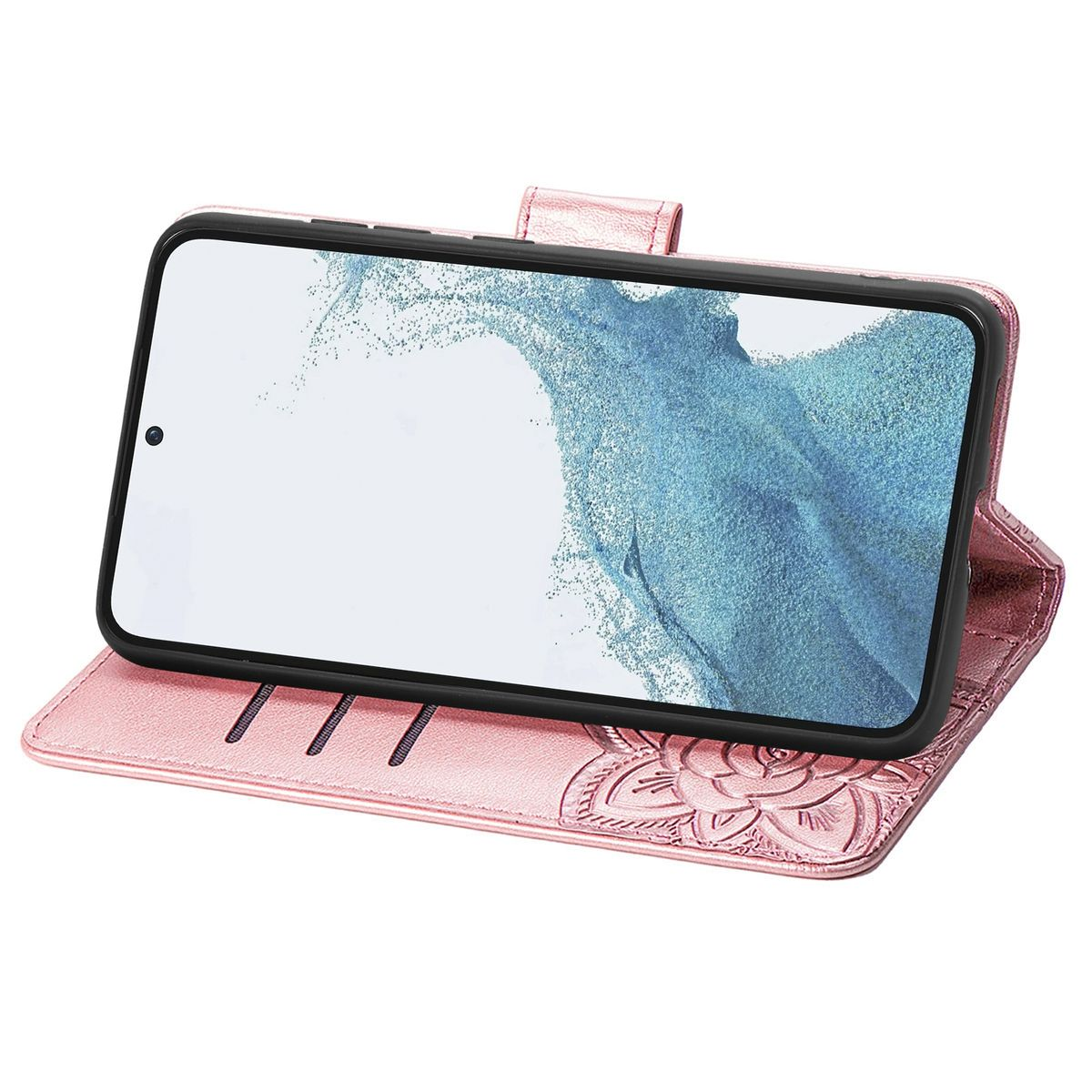 Rosa Handyhülle offen, zeigt ein Telefon. Hülle mit Blumendesign, Bildschirm an.