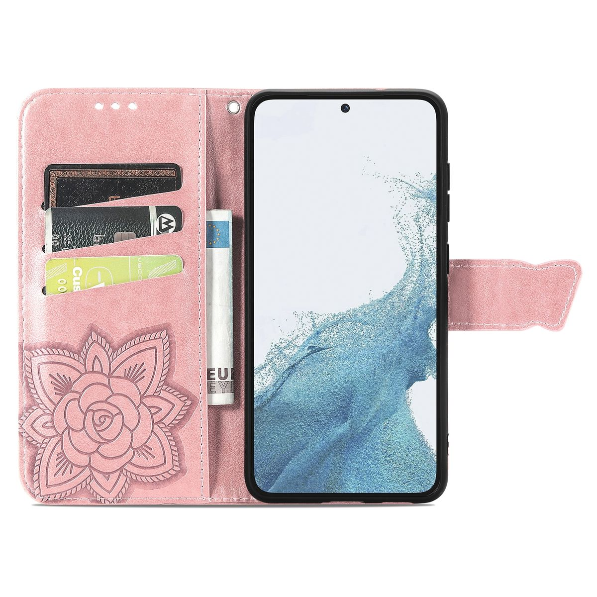 Rosafarbene Handyhülle offen mit Telefon und Karten. Weißer Hintergrund.