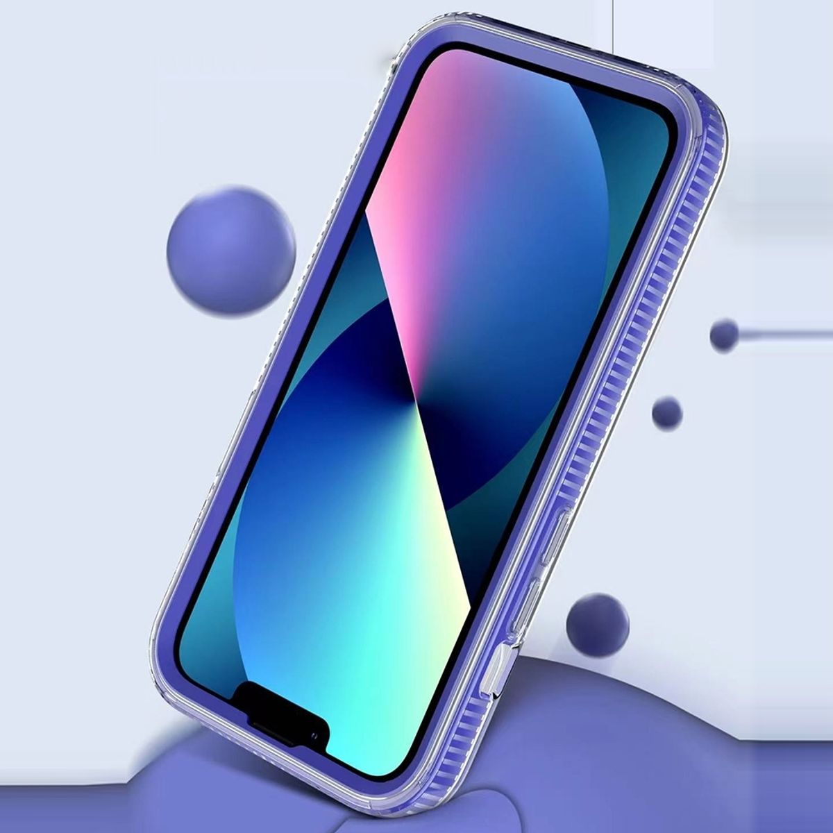Telefon in einem lila Gehäuse mit einem Bildschirm, der eine farbenfrohe Grafik zeigt.