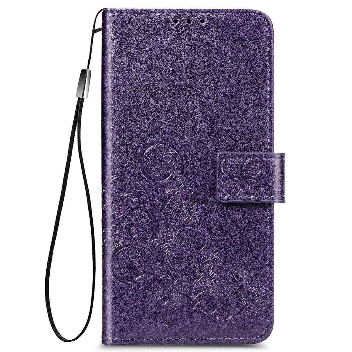 Lila Handyhülle geschlossen. Hat florales Design. Die Hülle hat einen Magnetverschluss und eine Handschlaufe.