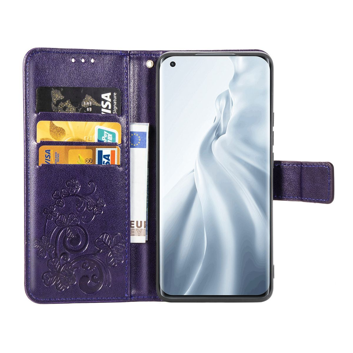 Geöffnete lila Handyhülle, zeigt ein Telefon und Kartenfächer mit geprägtem Blumendesign.