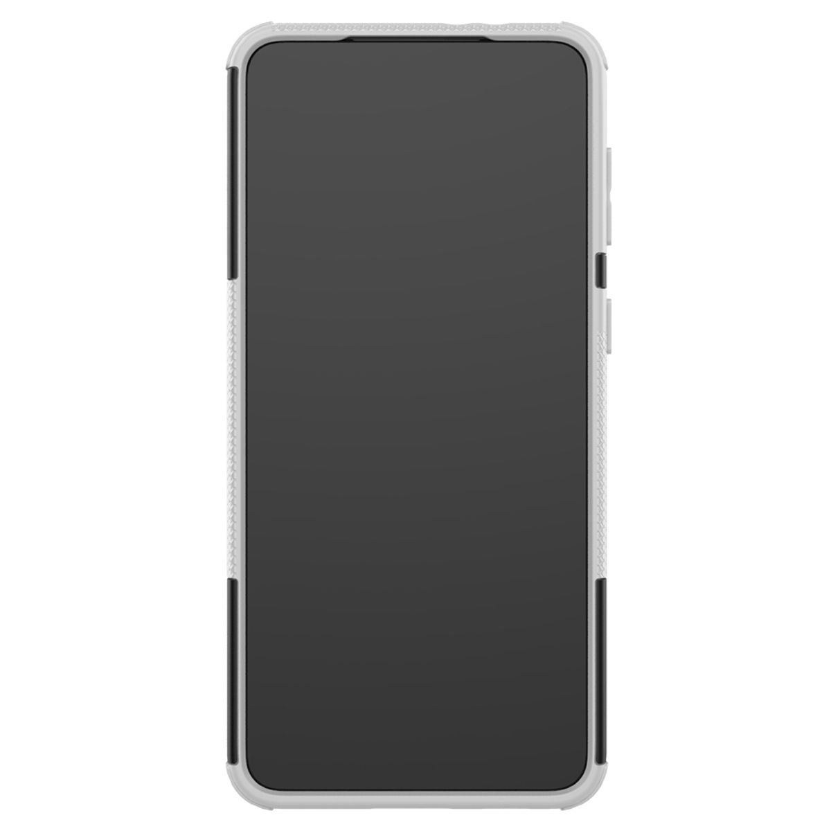 Handyhülle, die weiß und schwarz ist, mit einem Telefon darin. Die Hülle ist schlicht und hat eine Kamera.