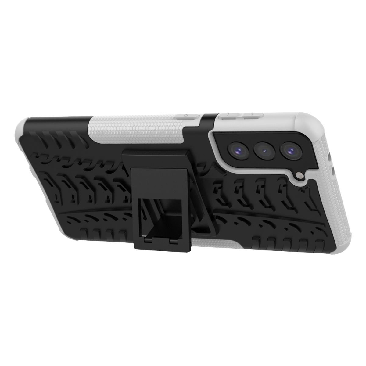 Schwarz-weißes Handycase mit Ständer. Weißer Hintergrund.