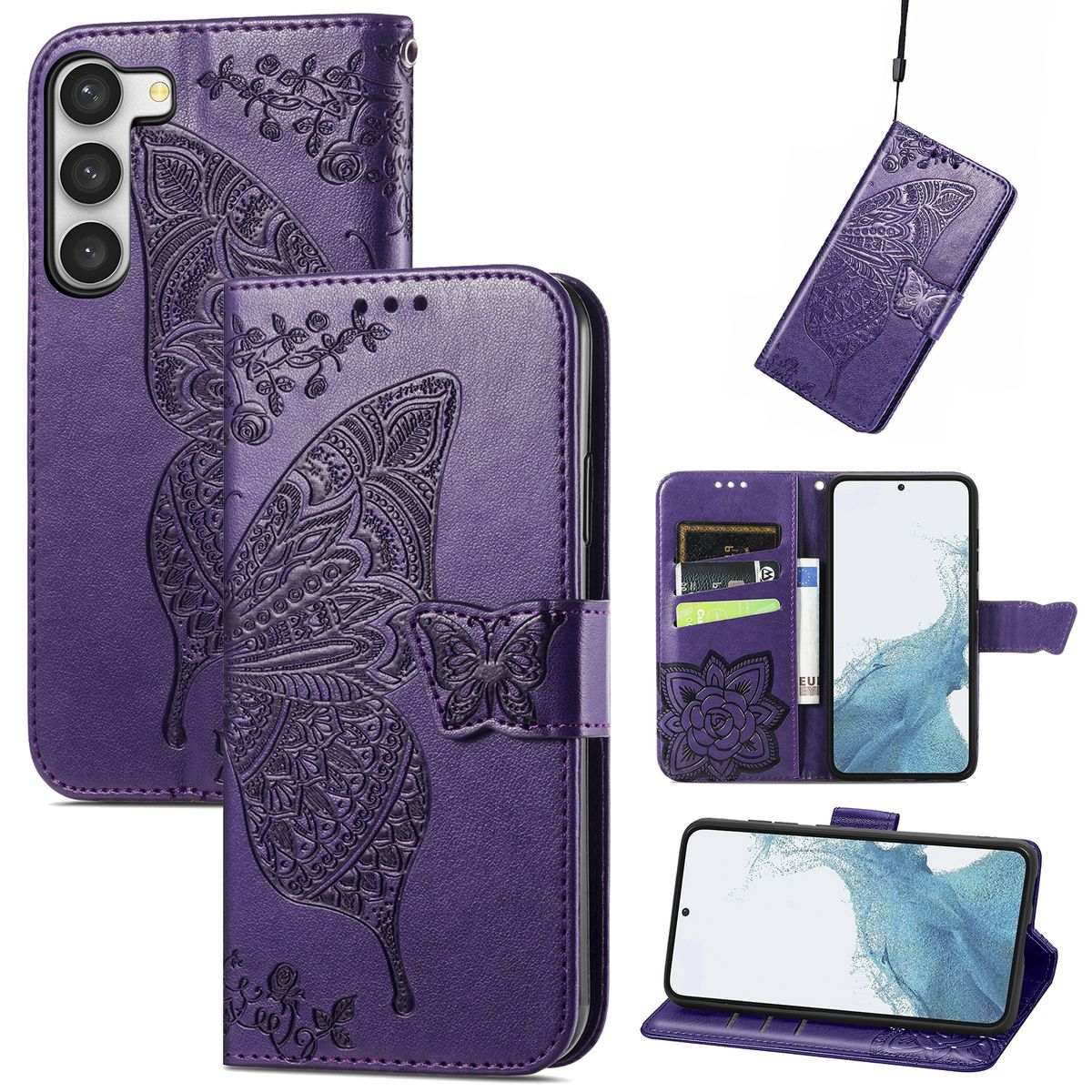 Lila Handyhüllen-Set mit Schmetterlingsdesign. Hülle offen, zeigt Telefon und Kartenfächer. Verschiedene Ansichten.