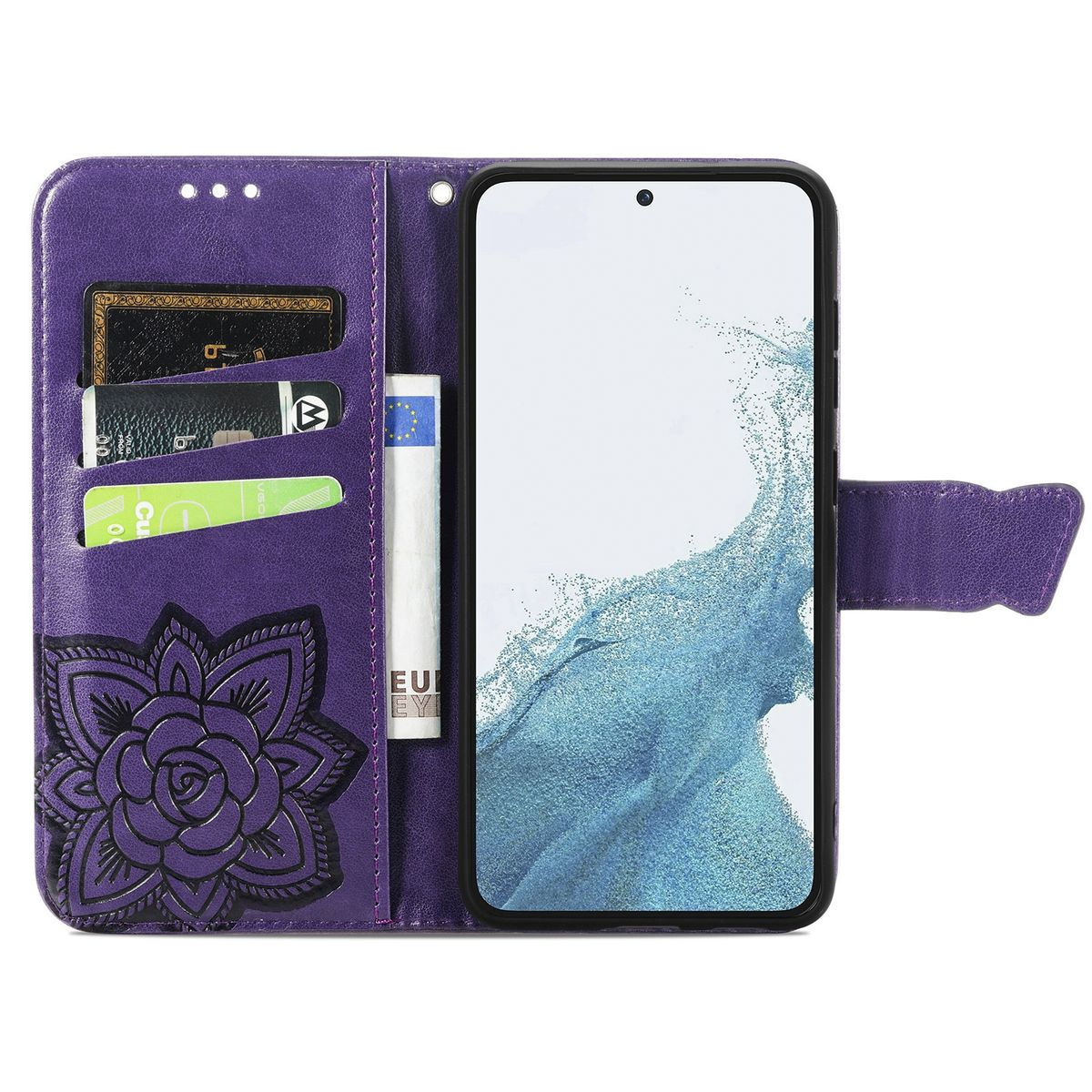 Lila Handyhülle mit Blumendesign, Karten und einem Telefon mit weißem Bildschirm.