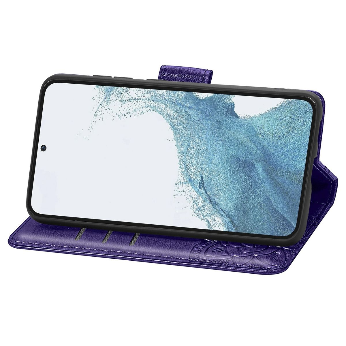 Lila Handyhülle mit floralem Design, hält ein schwarzes Telefon, vor weißem Hintergrund.
